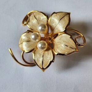 Floral Enamel & Pearl Brooch Pin